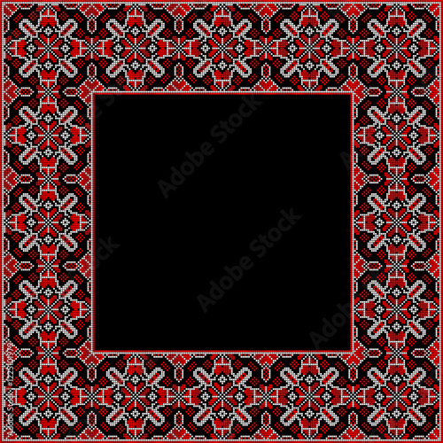 Vector illustration frame for text of Ukrainian ornament in ethnic style, identity, vyshyvanka, embroidery for print clothes, websites, banners. Background. Geometric design, border, copy space, frame