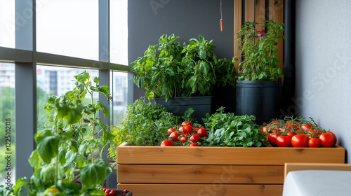 Fotografie A vegetable garden on the balcony, beds made of eco-friendly materials with growing local vegetables, greens, berries