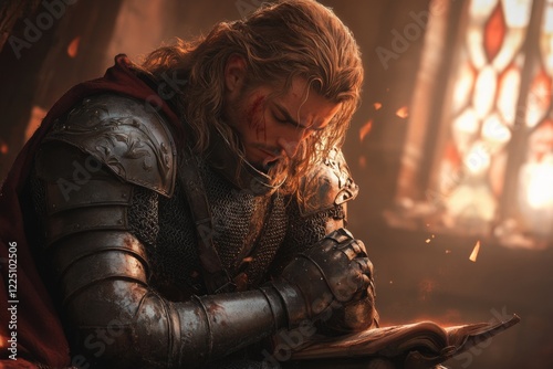 A fantasy scene of a knight removing their helmet in a ruined castle, their face heavy with regret as they gaze at a shattered stained-glass window depicting a lost love