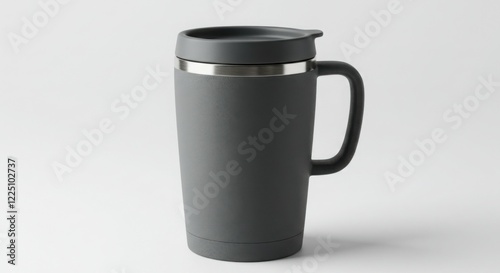 Gray Travel Mug with Handle and Lid on White Background