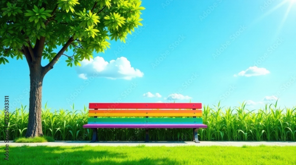 Obraz premium A vibrant rainbow-hued park bench sits invitingly beneath a lush green tree, a picturesque scene of serenity and inclusivity on a sunny day.