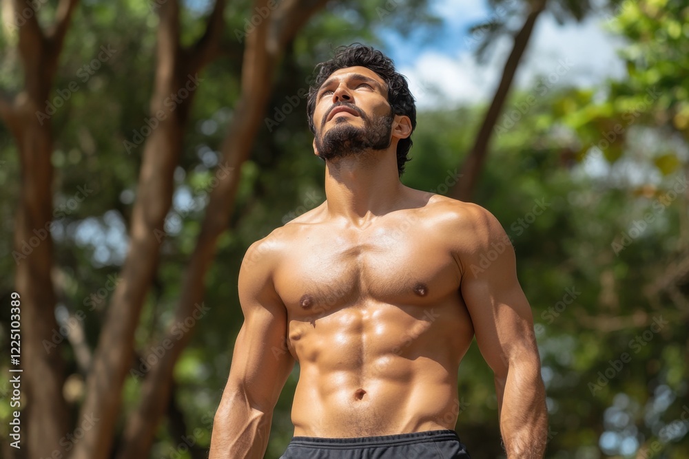 man with a beard and bare chest stands on the beach among palm trees and trees, the person looks up at the sky. playing beach volleyball or outdoor activities, sports man with a beard and bare chest stands on the beach among palm trees and trees, the person looks up at the sky. playing beach volleyball or outdoor activities, sports