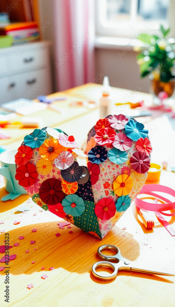 Fototapeta premium A beautiful handcrafted heart made of colorful fabric and floral patches sits in a bright, creative workspace—perfect for Valentine’s Day.
