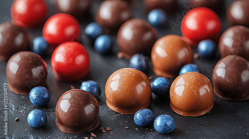 Gourmet chocolate truffles, blueberries, dark background, confectionery, food photography photo