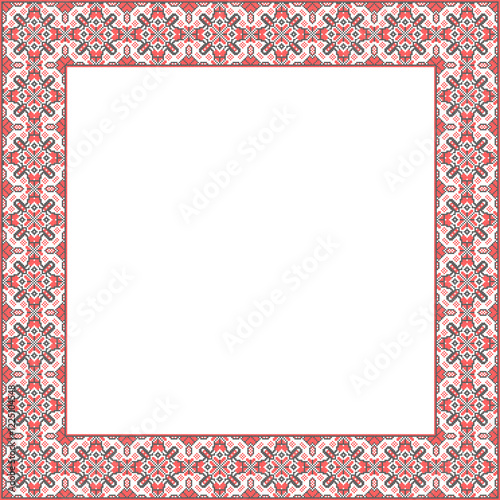 Vector illustration frame for text of Ukrainian ornament in ethnic style, identity, vyshyvanka, embroidery for print clothes, websites, banners. Background. Geometric design, border, copy space, frame