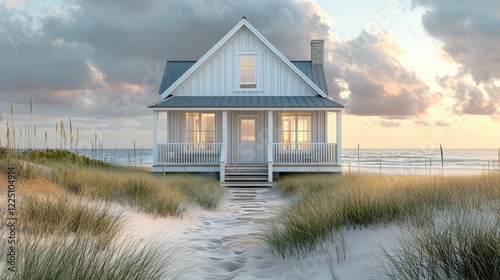 Charming white beach house on dunes, sunset. Ideal for real estate, travel, and vacation themes.