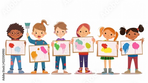 Children Displaying Artwork: Kids Artists Holding Paper