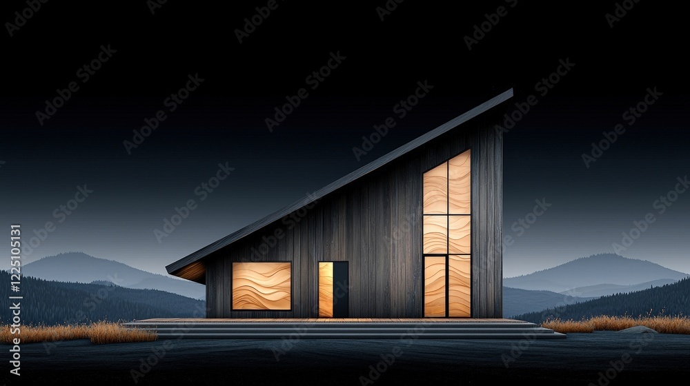 Fototapeta premium Modern Minimalist House with Unique Design Set Against Dark Mountain Landscape at Dusk