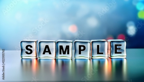 見本や試供品サンプルを意味する英語のフレーズSAMPLEの文字が書かれた透明なキューブブロック。 aiで生成