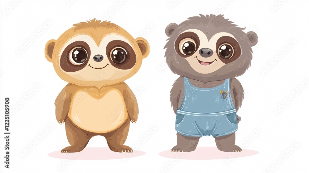 Fototapeta premium Adorable Baby Shower Sloth and Bear in Cute Short Pants Cart for Nursery Decoration