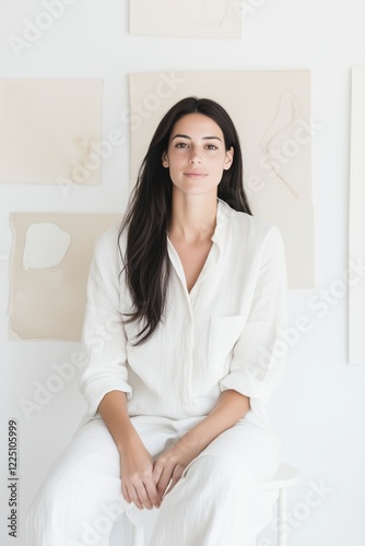 Free Download Bright and simple moment of a woman seated in an artistic space with soft tones and textures - GFXLoad