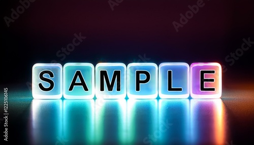 見本や試供品サンプルを意味する英語のフレーズSAMPLEの文字が書かれた透明なキューブブロック。 aiで生成