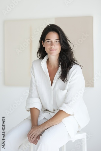 Free Download Elegant woman in minimalist attire poses in bright, modern studio space with soft pastel backgrounds - GFXLoad
