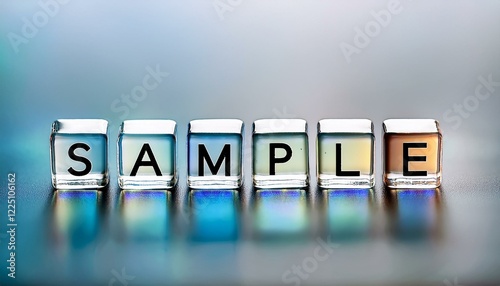 見本や試供品サンプルを意味する英語のフレーズSAMPLEの文字が書かれた透明なキューブブロック。 aiで生成