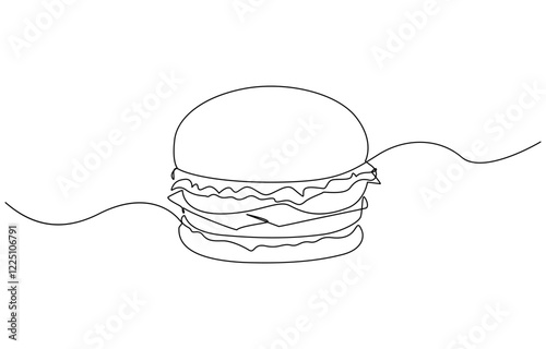 Continuous single line drawing of fresh delicious American burger restaurant logo emblem, Single line drawing of hamburger, Silhouette of fast food restaurant burger with cheese, cutlet and salad.