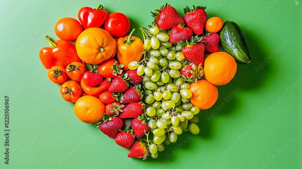 Diverse fruits forming a heart on green backdrop. Tomatoes, strawberries, and grapes showcase freshness. Vivid orange and red hues enrich the visual. A green background emphasizes the vibrant colors.