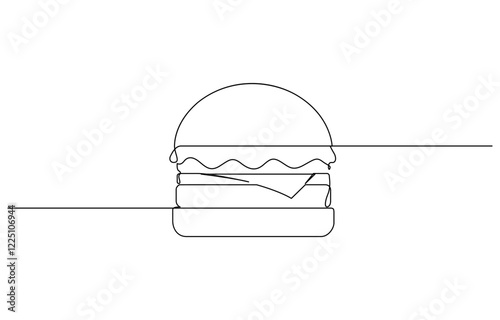 Continuous single line drawing of fresh delicious American burger restaurant logo emblem, Single line drawing of hamburger, Silhouette of fast food restaurant burger with cheese, cutlet and salad.