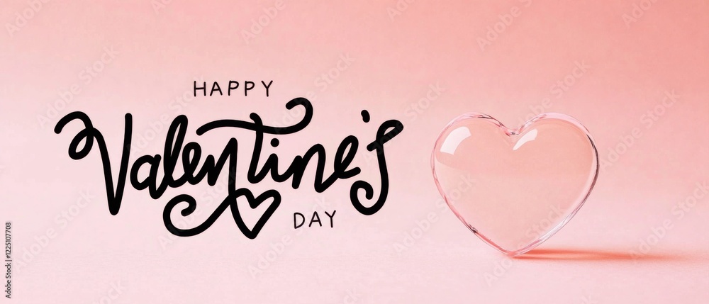 Happy Valentines Day text with a transparent pink glass heart on a light pink background, romantic love concept for greeting card or banner Happy Valentines Day text with a transparent pink glass heart on a light pink background, romantic love concept for greeting card or banner