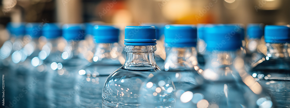 Glass water bottles are arranged in a row on a conveyor belt in a factory setting, showcasing a beverage production line. Glass water bottles are arranged in a row on a conveyor belt in a factory setting, showcasing a beverage production line.