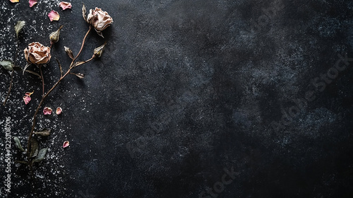 A withering rose with dried petals on a black background