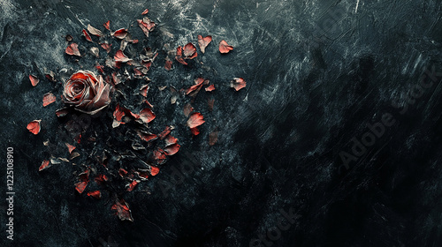 A withering rose with dried petals on a black background