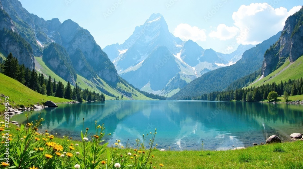 Serene mountain lake reflecting majestic peaks, surrounded by lush green meadows and wildflowers, a picturesque summer landscape of tranquility and natural beauty. Serene mountain lake reflecting majestic peaks, surrounded by lush green meadows and wildflowers, a picturesque summer landscape of tranquility and natural beauty.