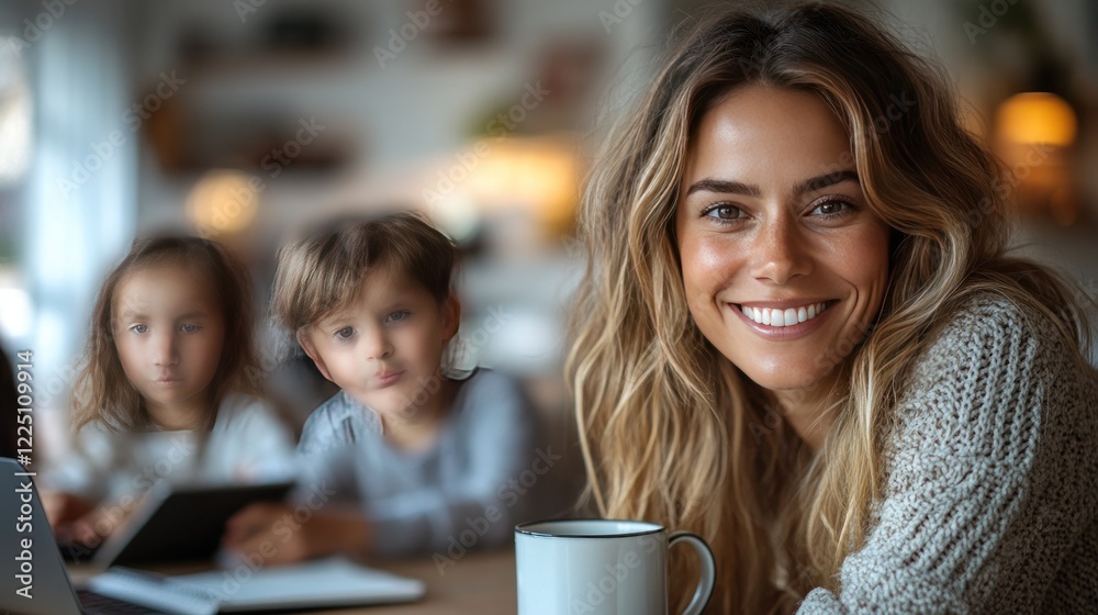 Obraz premium Happy mother, kids, home office, morning, family, work
