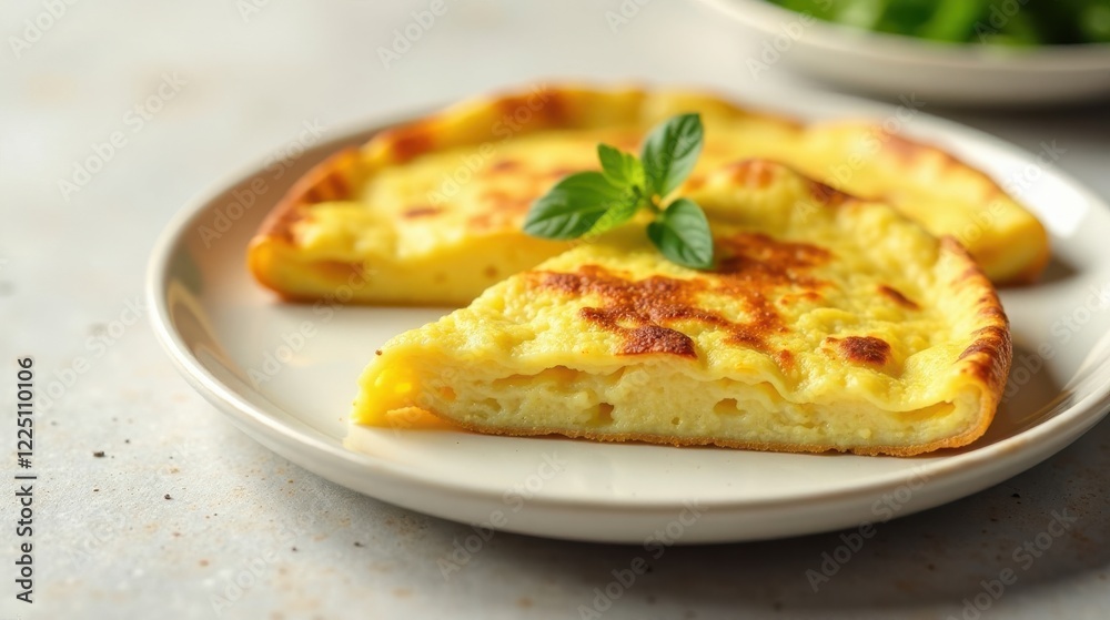 Golden Crust Baked Egg Dish, Served on a Plate with Fresh Herb Garnish Golden Crust Baked Egg Dish, Served on a Plate with Fresh Herb Garnish
