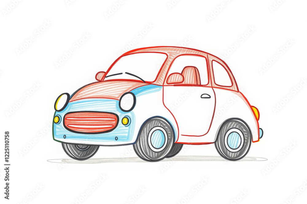 Fototapeta premium Children's drawing of a red and blue car on a white background. Drawing with a pencil or felt-tip pen.