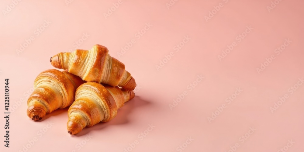 Golden Brown Croissants Arranged on a Soft Pink Background, Perfect for Bakery Product Presentation and Culinary Designs Golden Brown Croissants Arranged on a Soft Pink Background, Perfect for Bakery Product Presentation and Culinary Designs