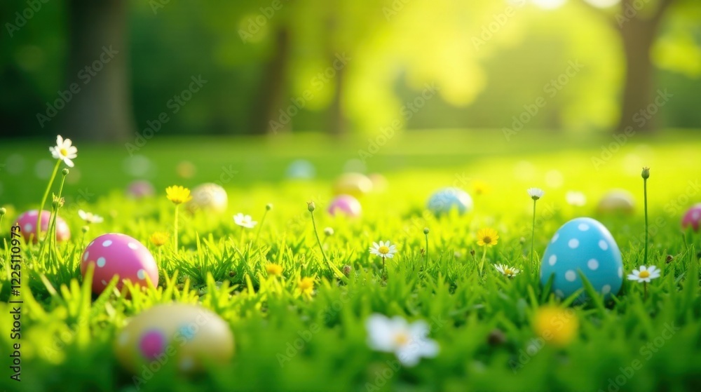 Fototapeta premium Decorative Easter eggs nestled in vibrant spring meadow grass, bathed in warm sunlight, surrounded by blooming wildflowers, creating a cheerful, festive scene.