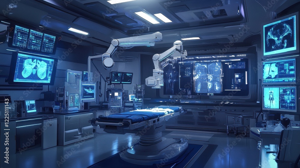 A futuristic operating room featuring robotic surgical arms performing a precise procedure, surrounded by advanced medical monitors, high-tech equipment, and soft lighting, ideal for healthcare innova A futuristic operating room featuring robotic surgical arms performing a precise procedure, surrounded by advanced medical monitors, high-tech equipment, and soft lighting, ideal for healthcare innova