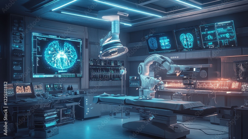 A futuristic operating room featuring robotic surgical arms performing a precise procedure, surrounded by advanced medical monitors, high-tech equipment, and soft lighting, ideal for healthcare innova A futuristic operating room featuring robotic surgical arms performing a precise procedure, surrounded by advanced medical monitors, high-tech equipment, and soft lighting, ideal for healthcare innova