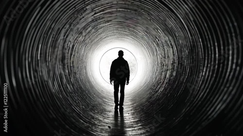 A person walking slowly through a long, dark tunnel moving toward bright light at the end, creating a sense of mystery