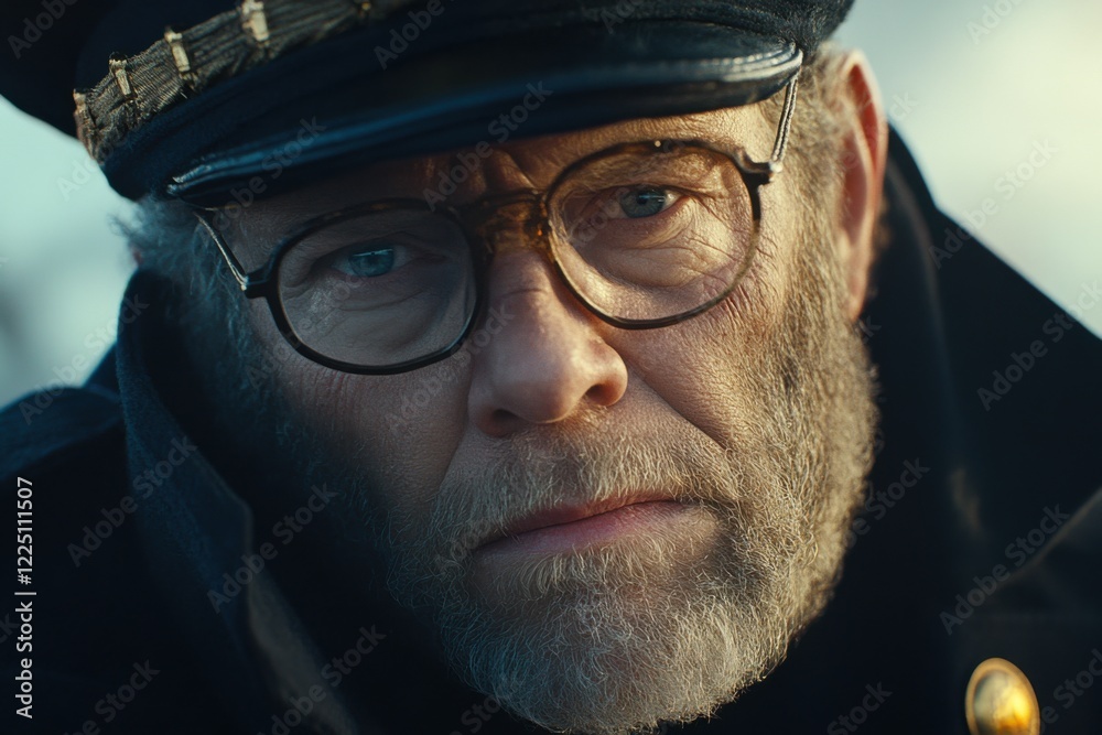 Portrait of a man in a black hat and jacket steering a boat. He has a stern expression on his face. the captain of the ship set sail, military or passenger ship Portrait of a man in a black hat and jacket steering a boat. He has a stern expression on his face. the captain of the ship set sail, military or passenger ship