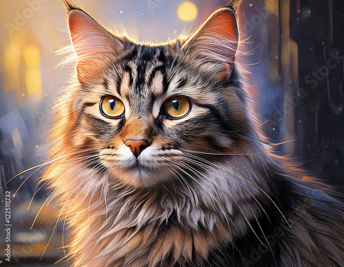 Curious fluffy kitten - painting style