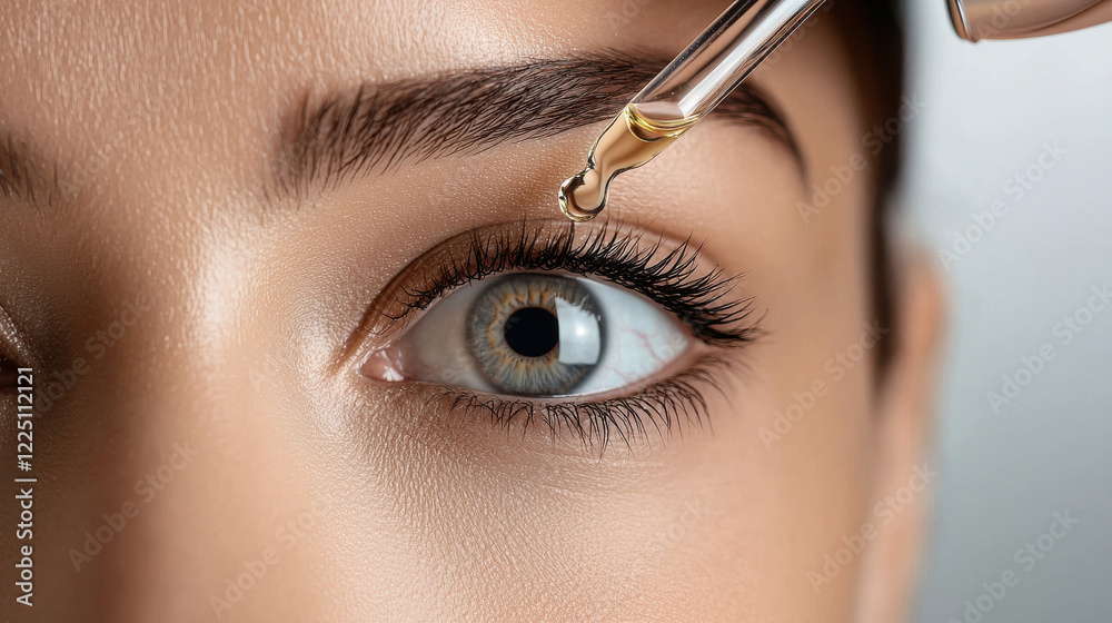 Naklejka premium Close-up of a woman's eye receiving a drop of essential oil for beauty treatment.