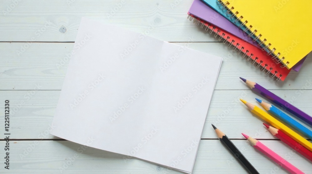 Blank Notebook, Colorful Pencils, and Spiral Notebooks on a White Wooden Surface Ready for Creative Ideas and Note-Taking Blank Notebook, Colorful Pencils, and Spiral Notebooks on a White Wooden Surface Ready for Creative Ideas and Note-Taking