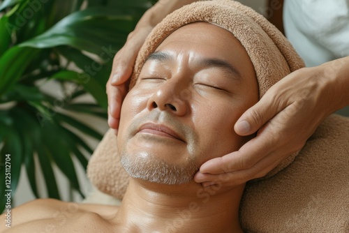 Man is getting a facial treatment with a towel on his head. The man is smiling and he is relaxed. spa treatments, cosmetologist for men, facial skin care