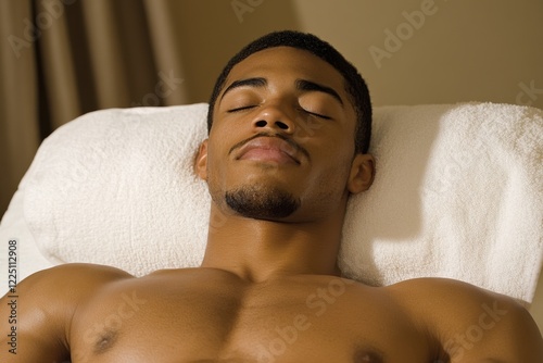 mulatto man with a naked torso lies with his eyes closed. spa and self-care