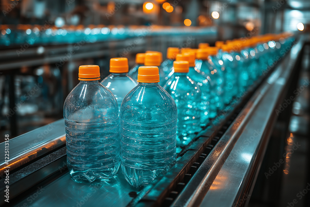 Plastic water bottles are arranged in a row on a conveyor belt in a factory setting, showcasing a beverage production line. Plastic water bottles are arranged in a row on a conveyor belt in a factory setting, showcasing a beverage production line.