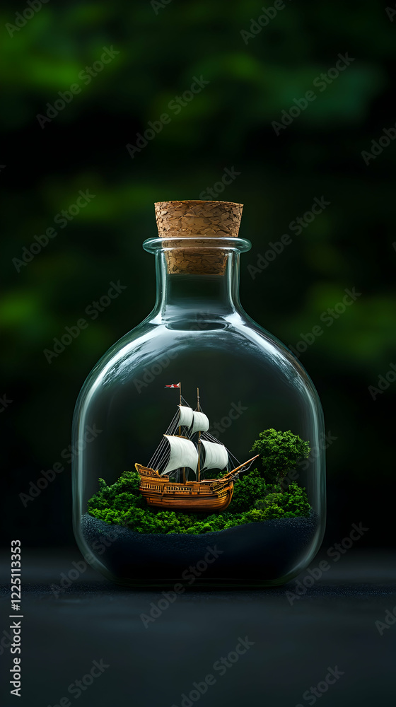 Miniature ship in a glass bottle, symbolizing adventure and exploration amidst lush green scenery Miniature ship in a glass bottle, symbolizing adventure and exploration amidst lush green scenery