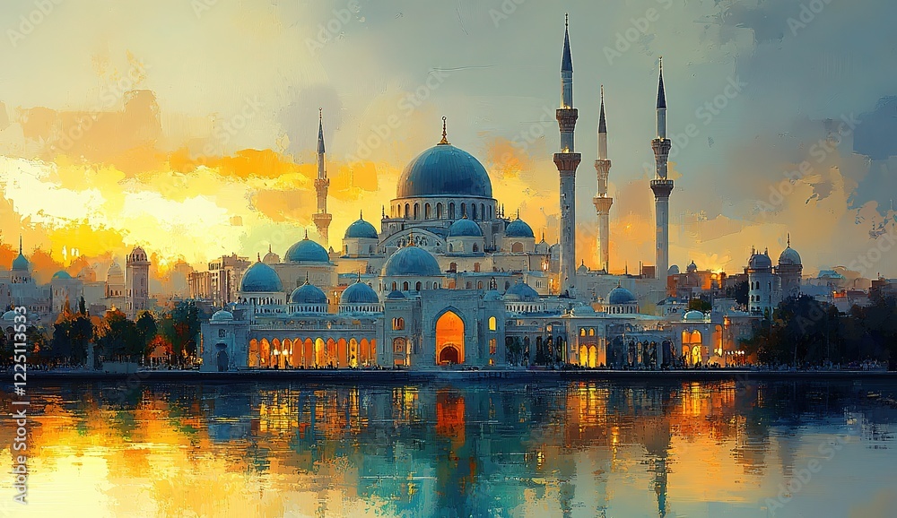 Fototapeta premium Stunning Mosque at Sunset, Reflected in Water