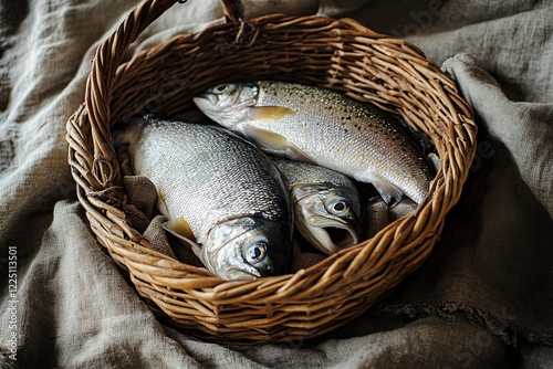A clean wicker creel basket filled with fresh fish styled on a natural linen cloth digital