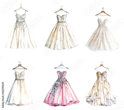 Watercolor set of wedding dresses. White wedding dresses trimmed with rhinestones and lace and flowers on an isolated background. Bride's attire. Elements for wedding invitations and designs. 