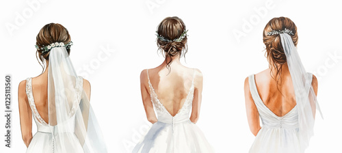 Watercolor bride with veil. Set of brides standing with their backs to each other with hairstyle and white veil in wedding dress. Beautiful bride in wedding dress watercolor. 