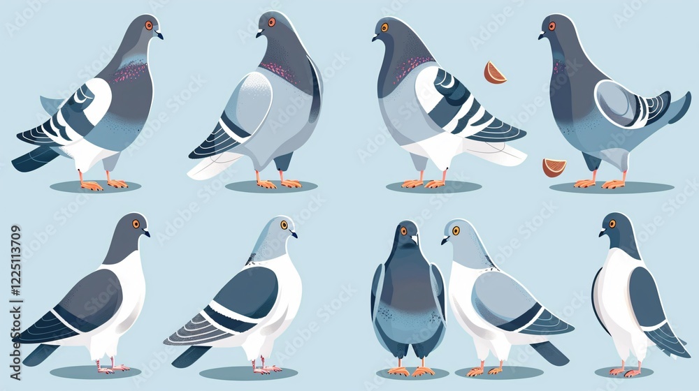 Obraz premium Variety of Pigeon Poses: Bird Pecking Seeds Vector