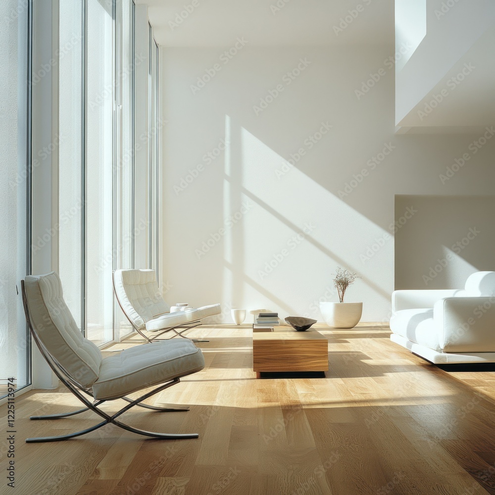 Fototapeta premium Modern Minimalist Living Room Interior Design with Sunlight Streaming Through Large Windows
