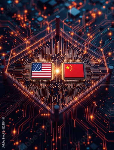 Conceptual AI Technology Duel Between USA and China Chips on a Motherboard