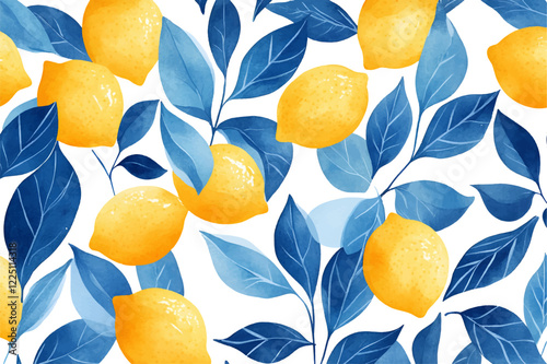 Watercolor pattern with lemons and leaves png. Yellow lemons with blue leaves on a transparent background. Illustration of lemons for design. Vector watercolor botany.